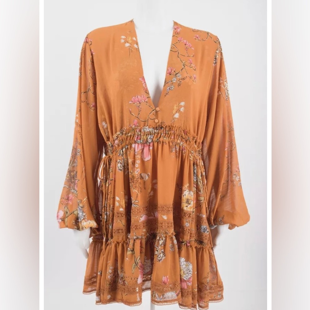 Free People Mini Dress Cherry Blossom orange floral long sleeve